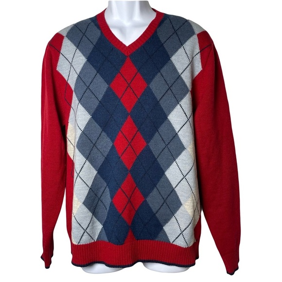 Cellini Other - Vintage Cellini Men's Red&Blue Argyle Wool Blend Sweater Preppy Grandpa Academia